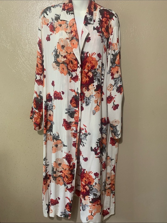 Tops - Carole Christian size L Long Sleeve Floral Duster White Orange & Burgundy